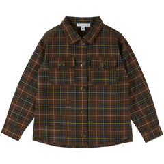 The Flannel Checked Shirt from Emile et Ida in brown plaid with button front and chest pockets for kids.