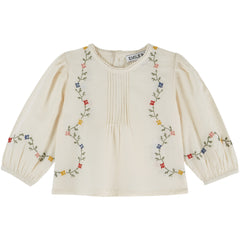 Cross Stitch Blouse by Emile et Ida off white blouse with floral embroidery, pleated front, and long sleeves
