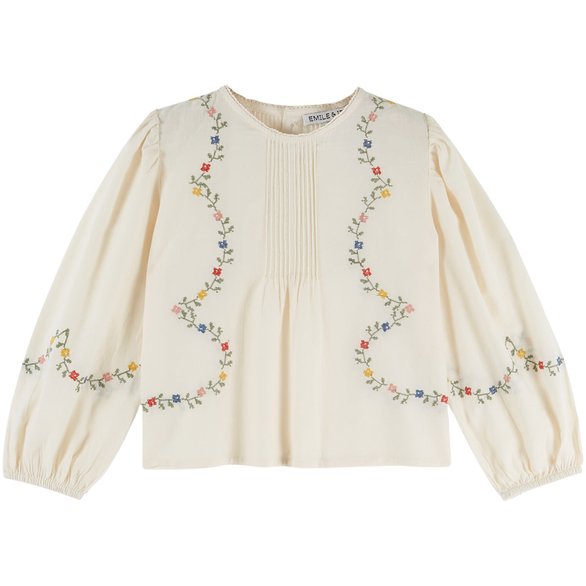 Cross Stitch Blouse by Emile et Ida off white blouse with floral embroidery, pleated front, and long sleeves