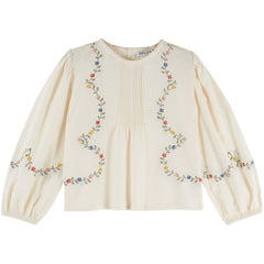 Cross Stitch Blouse by Emile et Ida off white blouse with floral embroidery, pleated front, and long sleeves