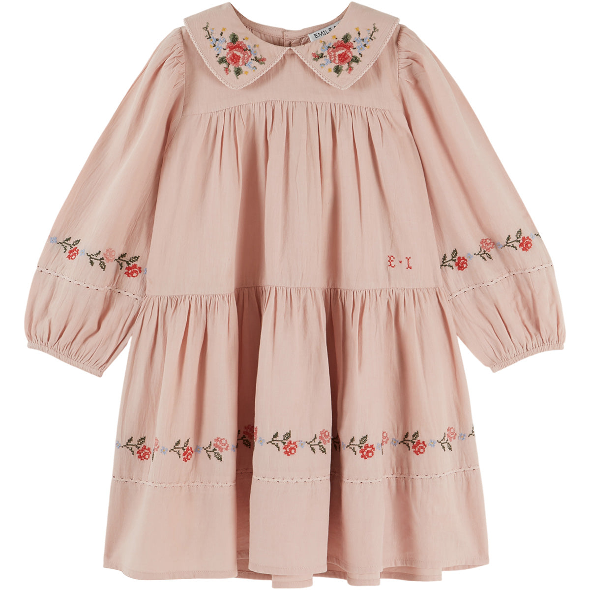 Cross Stitch Dress by Emile et Ida pink tiered girls dress with embroidered Peter Pan collar and floral details