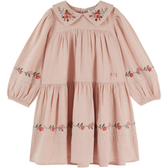 Cross Stitch Dress by Emile et Ida pink tiered girls dress with embroidered Peter Pan collar and floral details