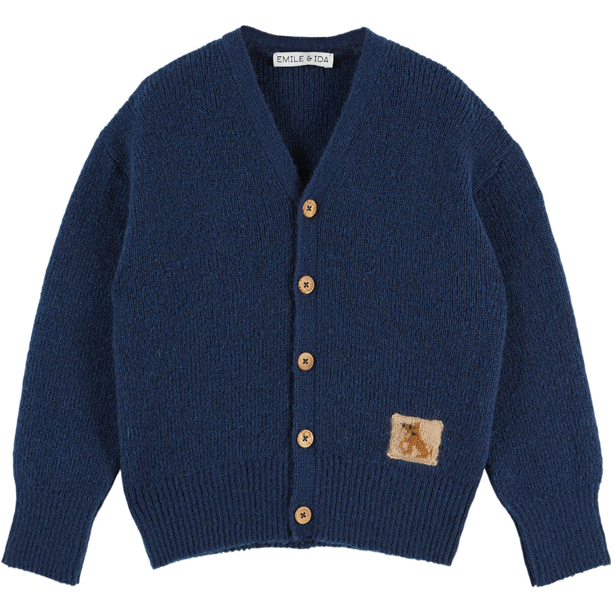 The Patch Cardigan from Emile et Ida navy knit kids' button-front cardigan with embroidered patch detail.