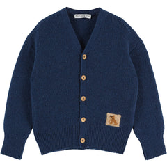 The Patch Cardigan from Emile et Ida navy knit kids' button-front cardigan with embroidered patch detail.