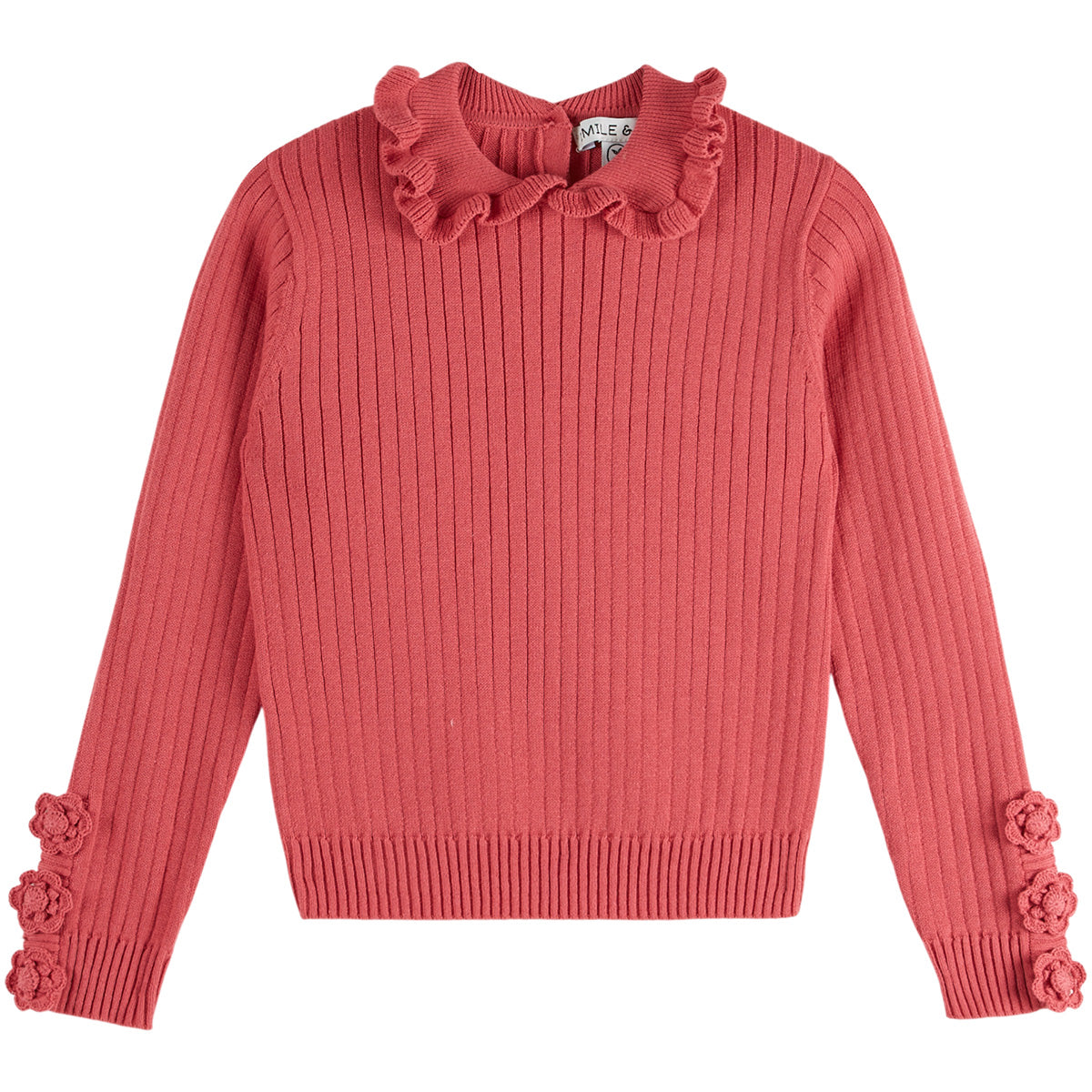 Cotton Pullover by Emile et Ida coral pink ribbed knit girls sweater with ruffled collar and floral cuffs