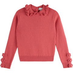 Cotton Pullover by Emile et Ida coral pink ribbed knit girls sweater with ruffled collar and floral cuffs
