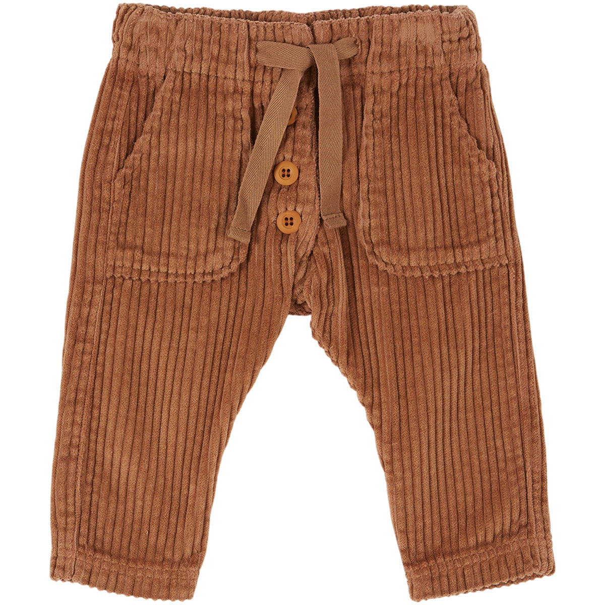 Boy Pants by Emile et Ida brown corduroy baby pants with drawstring waist, button detail and patch pockets