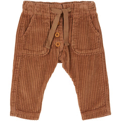 Boy Pants by Emile et Ida brown corduroy baby pants with drawstring waist, button detail and patch pockets