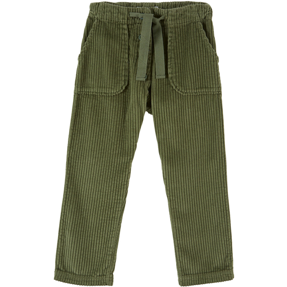 Boy Pants by Emile et Ida green corduroy pants with drawstring waist, button detail, and patch pockets