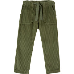 Boy Pants by Emile et Ida green corduroy pants with drawstring waist, button detail, and patch pockets