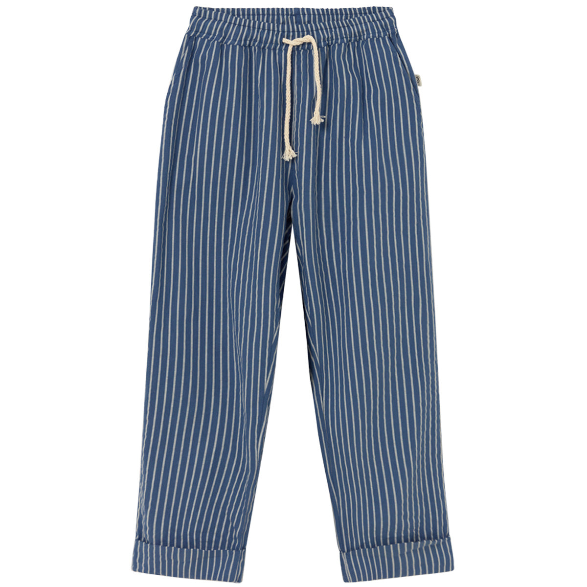 Aero Pants by Cozmo, blue striped relaxed kids pants with drawstring waist and straight-leg fit