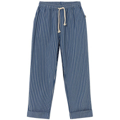 Aero Pants by Cozmo, blue striped relaxed kids pants with drawstring waist and straight-leg fit