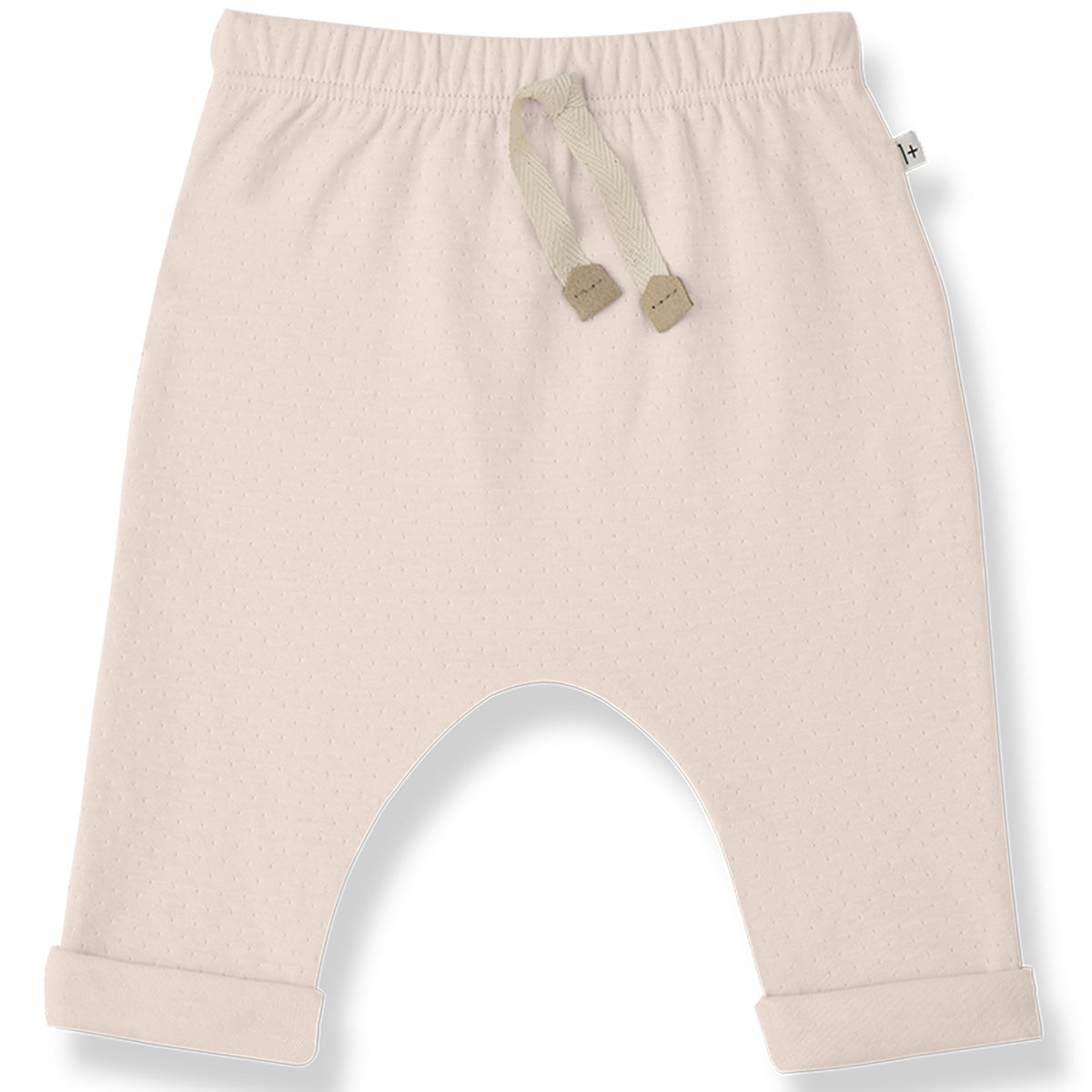 The Alain Pants from 1+ in the Family, soft baby pants with an elastic waistband, drawstring, and rolled cuffs.