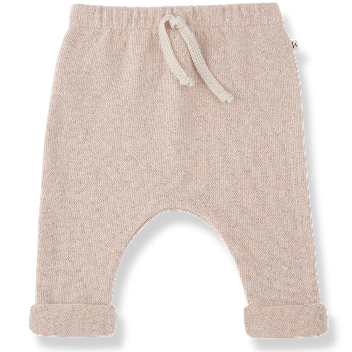Alain Pants by 1+ in the Family in beige with drawstring waist and rolled cuffs.