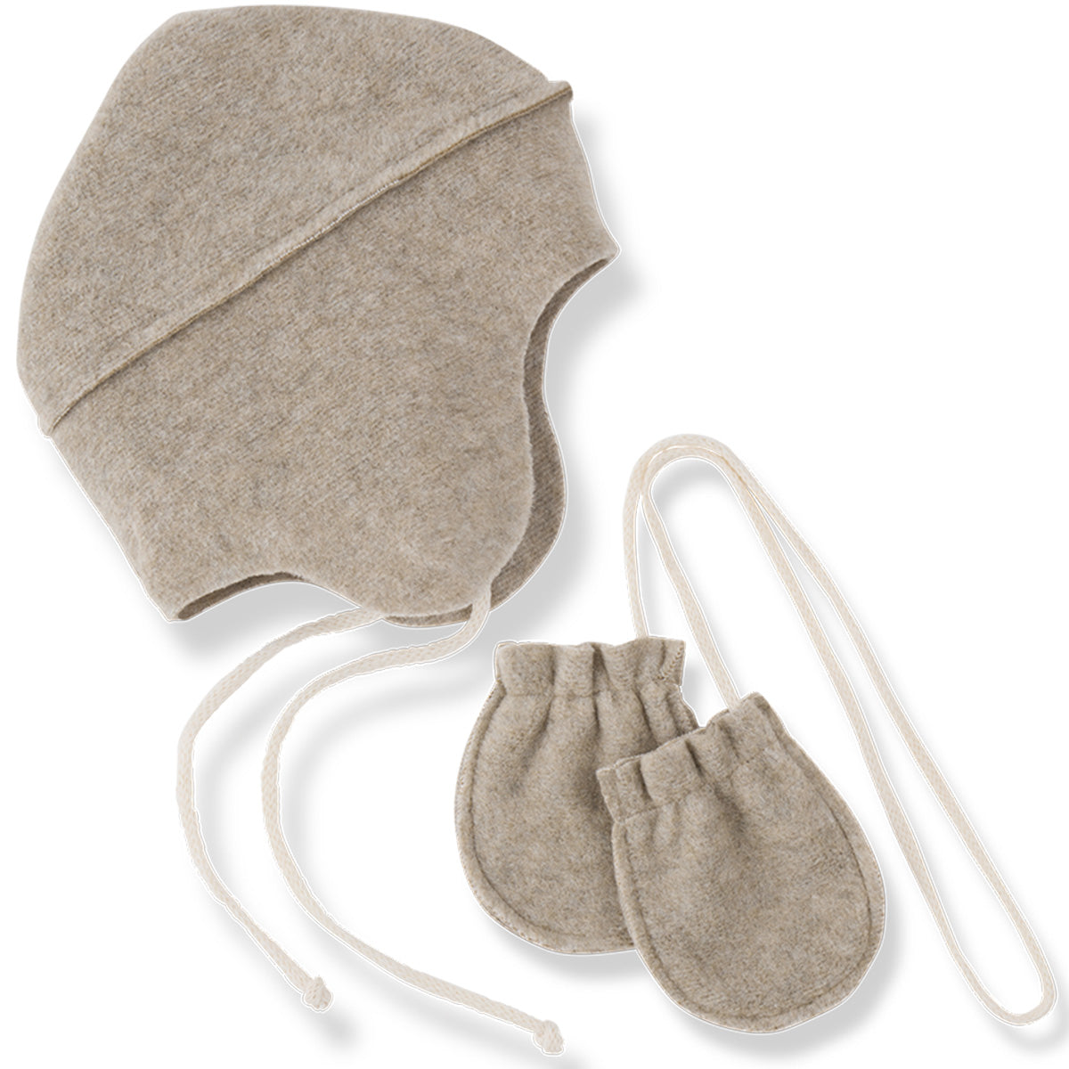 Albi Beanie and Mittens by 1+ in the Family in beige with matching tie strings.