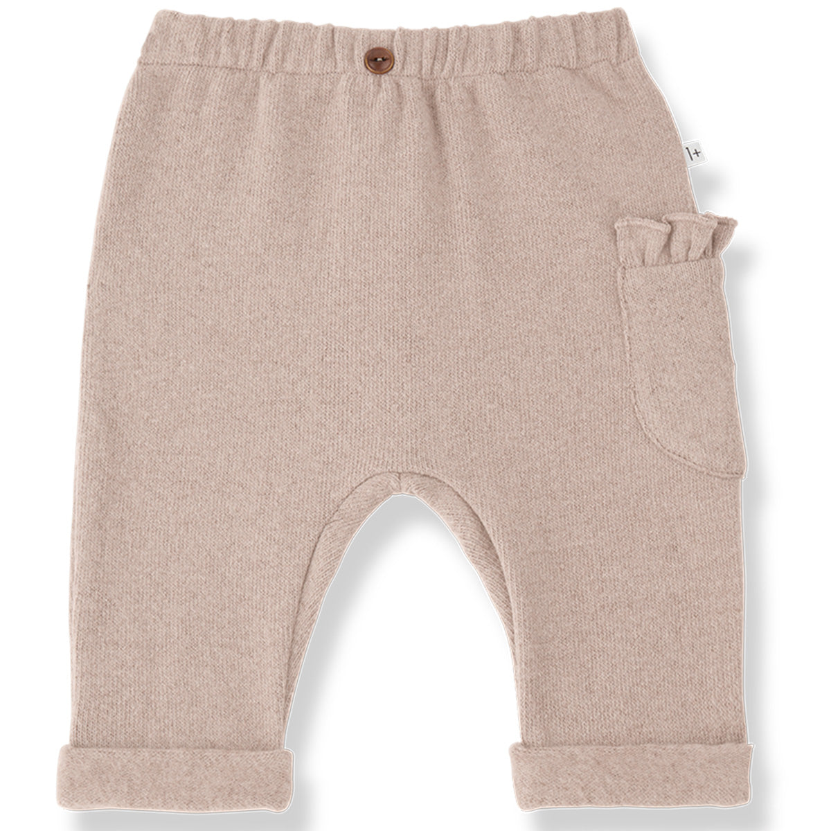 1+ in the Family The Alessandria Pants in taupe knit with ruffled pocket and rolled cuffs