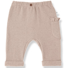 1+ in the Family The Alessandria Pants in taupe knit with ruffled pocket and rolled cuffs