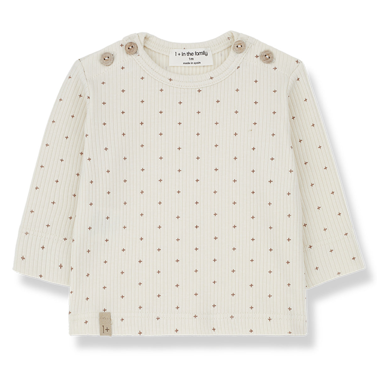The Aless Long Sleeve Tee from 1 + in the Family. Crew neck, Long sleeves, Ribbed, Button(s) on the shoulders, Star print