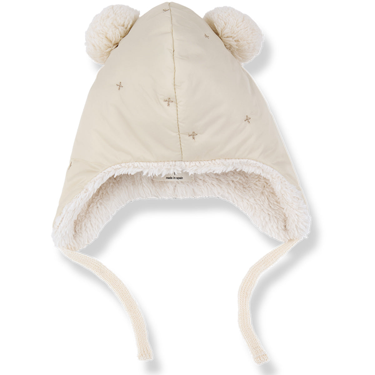 The Amiens Chapka from 1+ in the Family in ecru with bear ears, faux-fur lining, and tie straps.