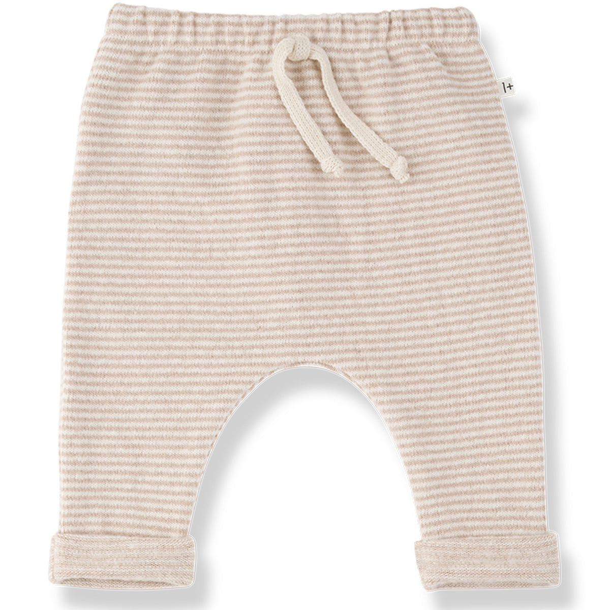 Antony Pants by 1+ in the Family with beige and off-white stripes and ribbed cuffs.