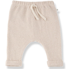 Antony Pants by 1+ in the Family with beige and off-white stripes and ribbed cuffs.