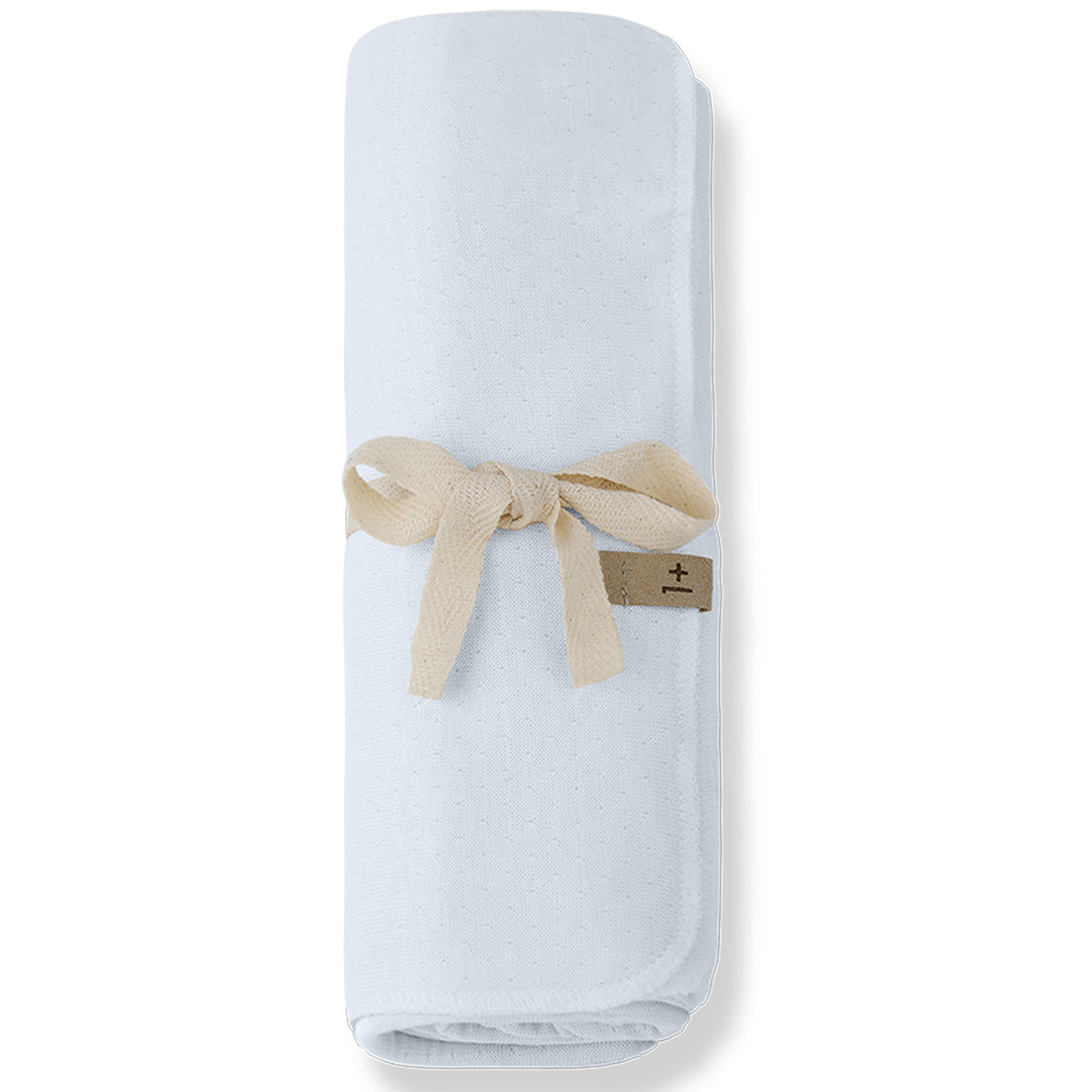 The Asis Blanket from 1+ in the Family, a soft baby blanket in lightweight textured fabric tied with a ribbon.