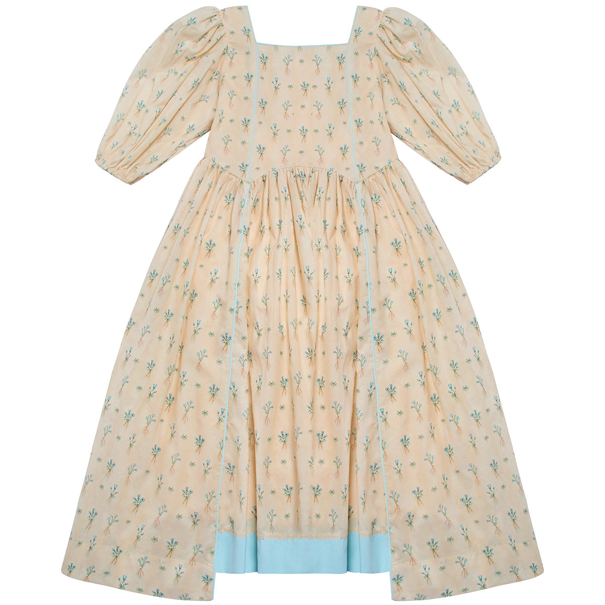 Astral Dress by The Middle Daughter. Cotton voile midi dress in hand-painted print, with asymmetric hems, contrast binding edging