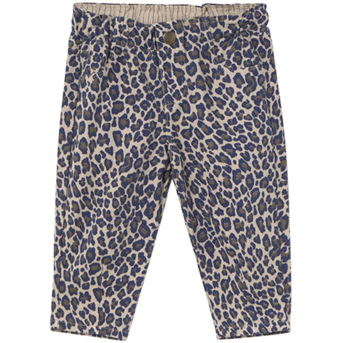 The Atenas Pants from Cozmo. Leopard print pants on a white background.