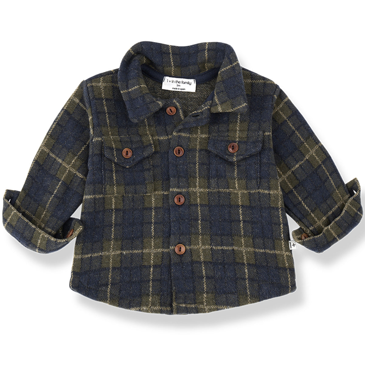 Atlin Shirt by 1+ in the Family navy olive plaid toddler flannel shirt with brown buttons and pointed collar