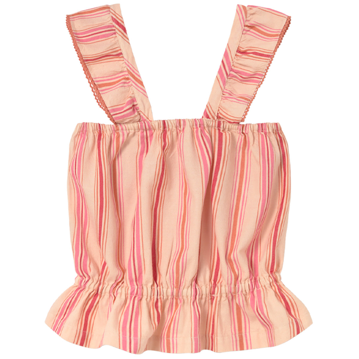 Cozmo Ava Top in pink striped cotton with ruffle straps, elastic bodice and peplum hem.