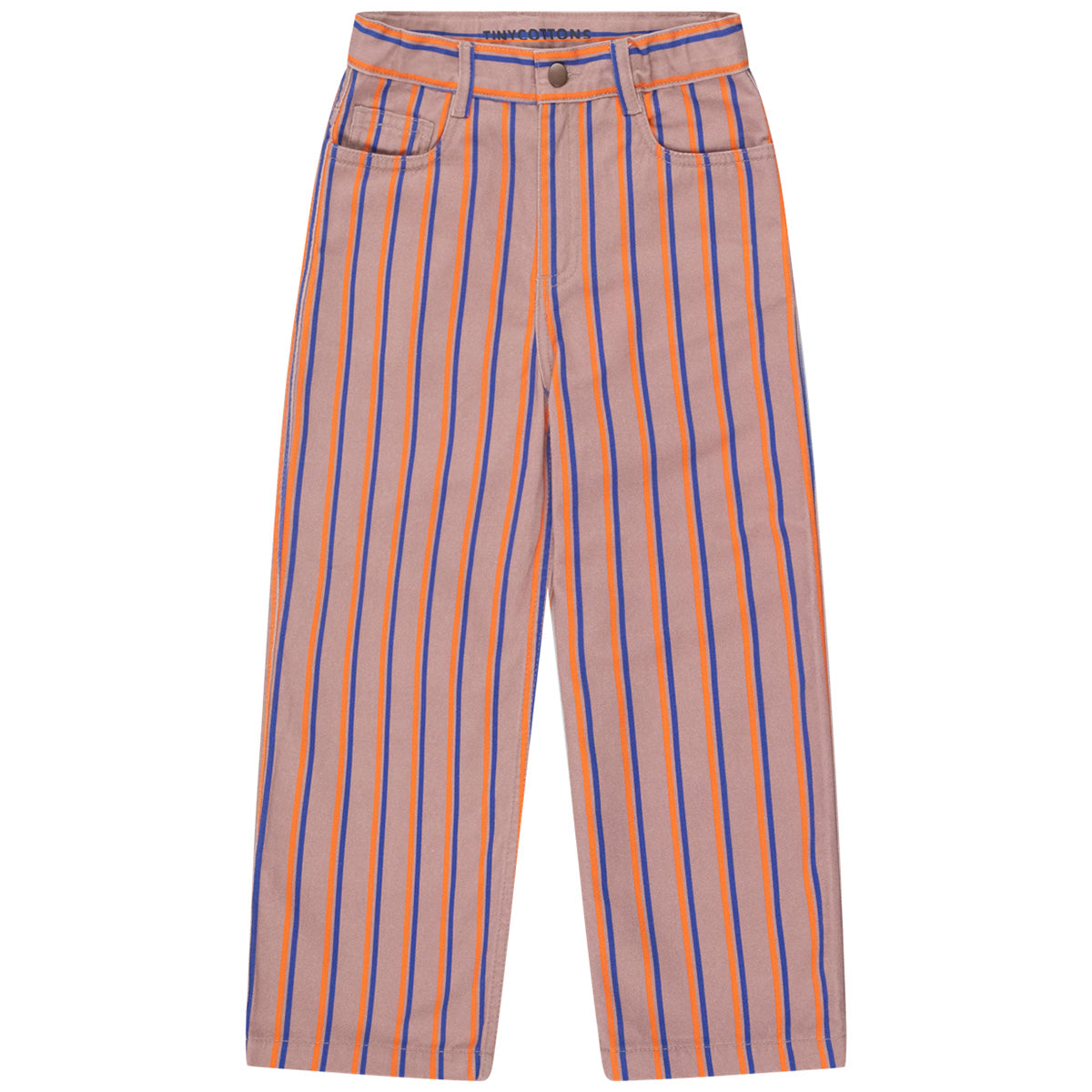 Striped Pants from Tiny Cottons. These taupe stripe pants have a button and zip-fly, side pockets and a straight fit.