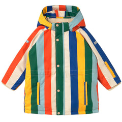 The Multicolor Stripes Snow Jacket from Tiny Cottons. Multicolor striped hooded jacket featuring bold vertical stripes.