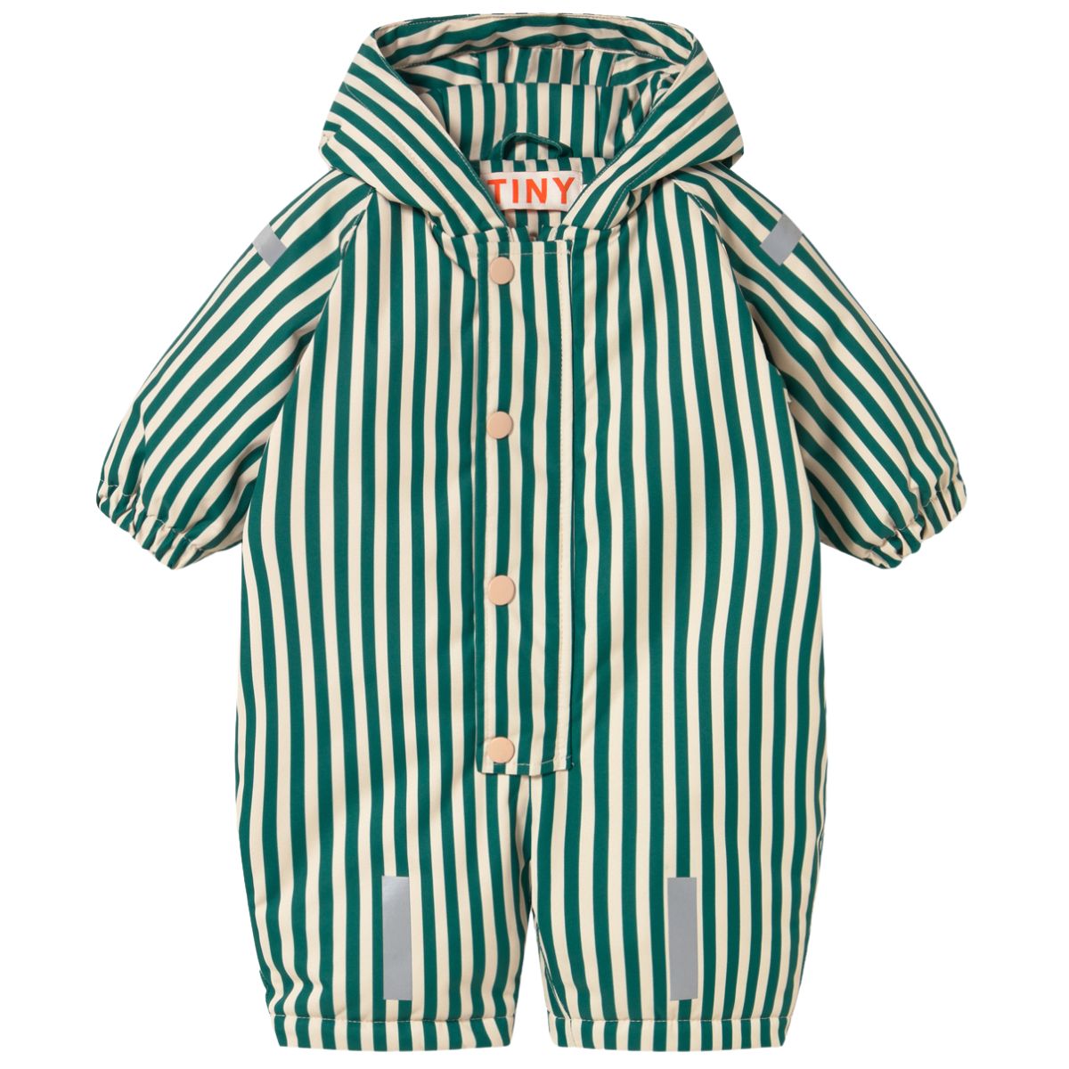 The Stripes Baby Snow One Piece from Tiny Cottons. Green and cream striped hooded baby jumpsuit with front snap buttons.