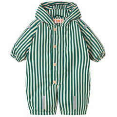 The Stripes Baby Snow One Piece from Tiny Cottons. Green and cream striped hooded baby jumpsuit with front snap buttons.