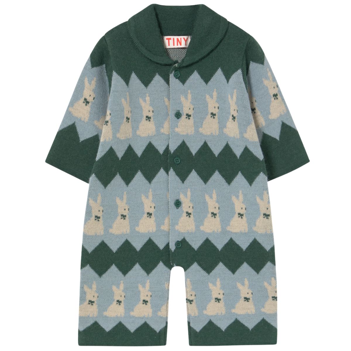Rabbits One Piece by Tiny Cottons. Knit baby playsuit in muted blue and forest green with an all-over bunny intarsia pattern.