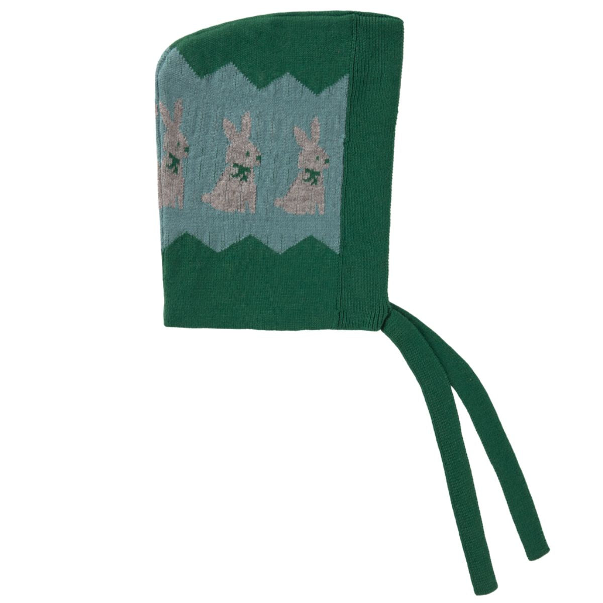 The Rabbits Bonnet from Tiny Cottons. Knitted baby bonnet in green and light blue with bunny intarsia design.