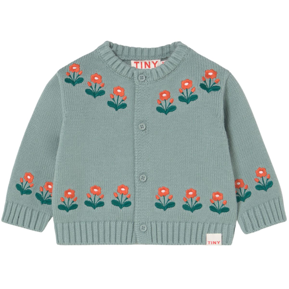 The Flowers Baby Cardigan from Tiny Cottons. Green knitted cardigan with floral patterns on a white background.