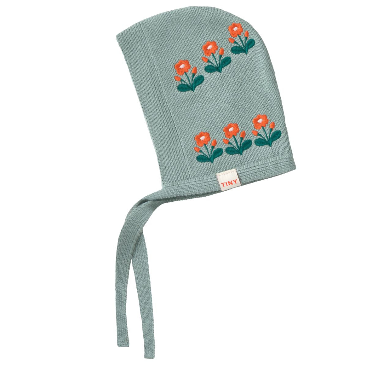 The Flowers Bonnet from Tiny Cottons. Knitted baby bonnet in soft sage green with all-over orange flower intarsia.