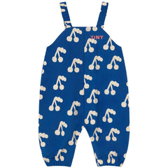 The Cherries Woven Baby Dungaree from Tiny Cottons. This dungaree, made from crinkled fabric with a playful Cherries print.