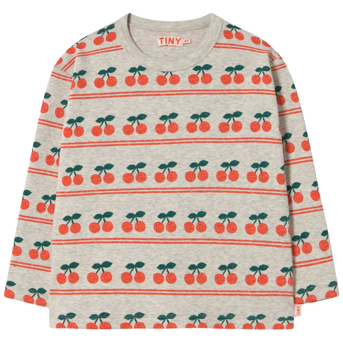 The Cherry Pattern Rib Tee from Tiny Cottons. Children's sweater with cherry pattern on a white background.