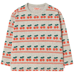 The Cherry Pattern Rib Tee from Tiny Cottons. Children's sweater with cherry pattern on a white background.
