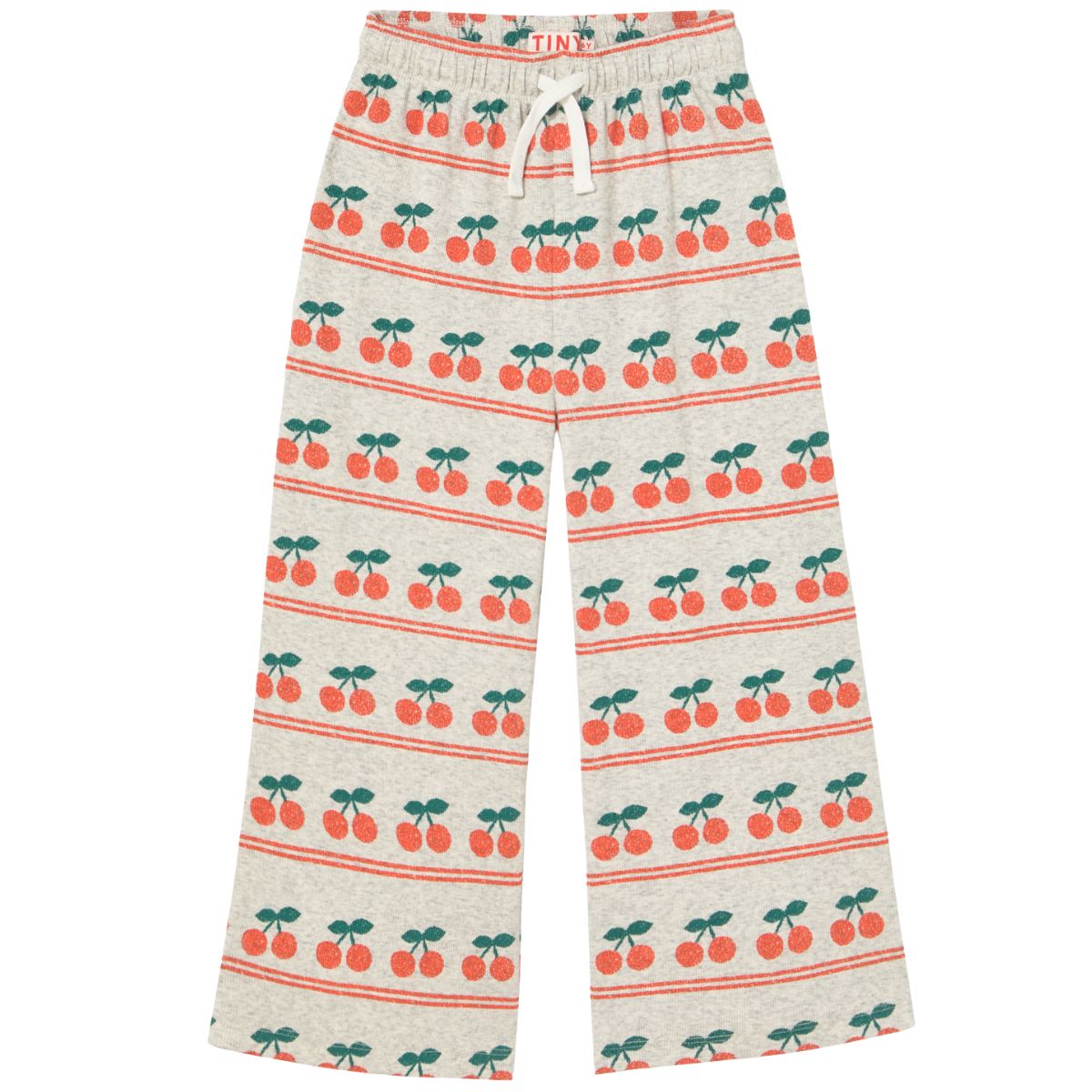 The Cherry Pattern Rib Pant from Tiny Cottons. Pants with elasticated waist, drawstring, and cherry pattern.