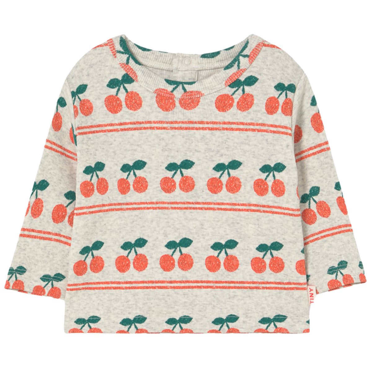 The Cherry Pattern Rib Baby tee from Tiny Cottons. Baby's sweater with cherry pattern on a white background.