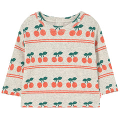The Cherry Pattern Rib Baby tee from Tiny Cottons. Baby's sweater with cherry pattern on a white background.
