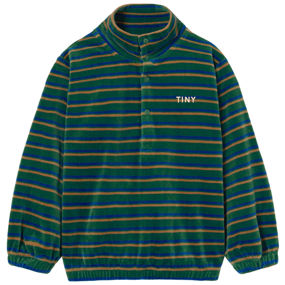 Duo Stripes Mockneck Sweatshirt from Tiny Cottons. Green velour long-sleeve top with horizontal stripes in blue and mustard.