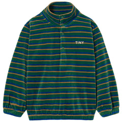 Duo Stripes Mockneck Sweatshirt from Tiny Cottons. Green velour long-sleeve top with horizontal stripes in blue and mustard.