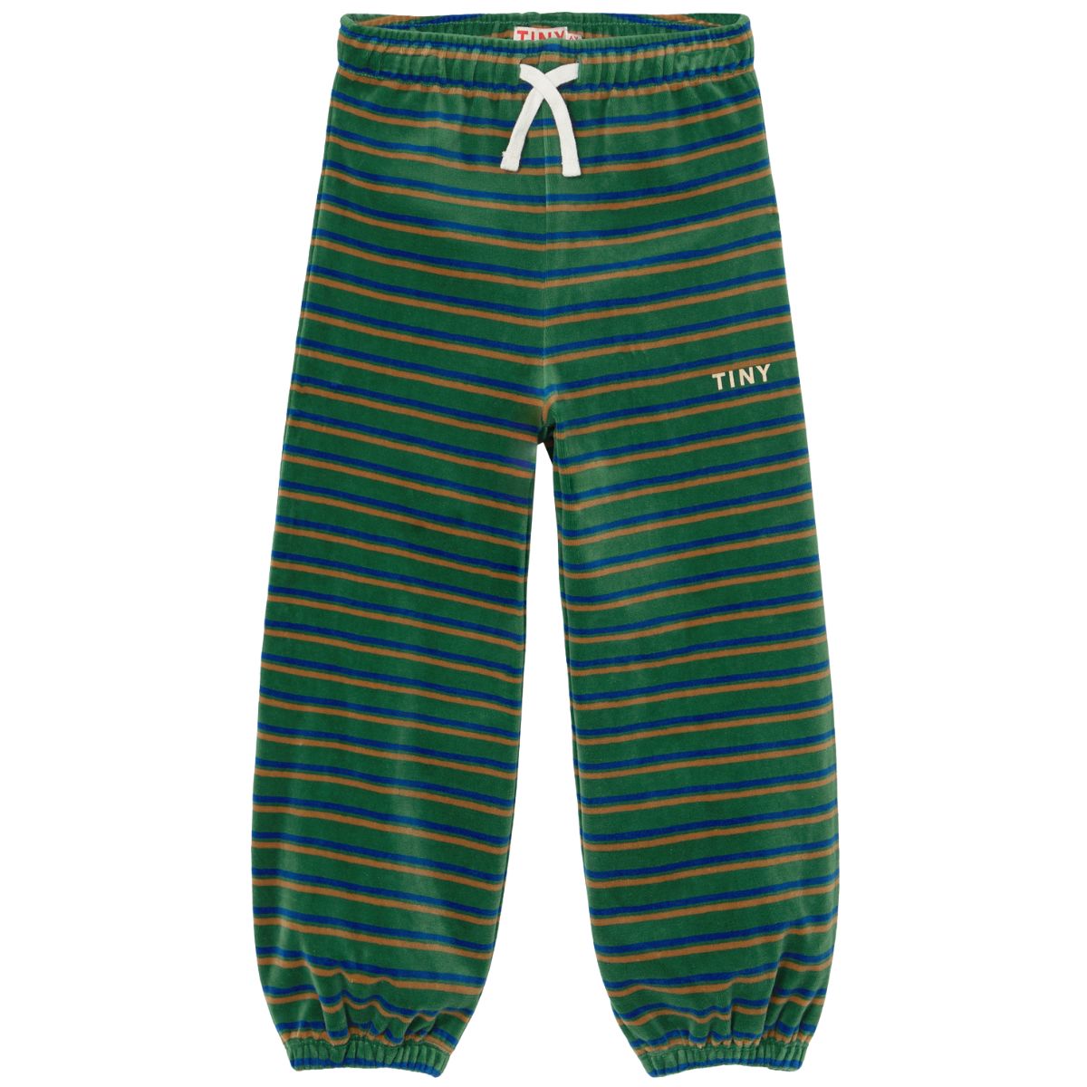 The Duo Stripes Sweatpants from Tiny Cottons. Green velour sweatpants with horizontal stripes in blue and mustard.
