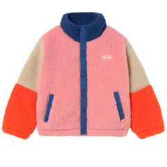 The Color Block Polar Sherpa Jacket from Tiny Cottons. Color-blocked jacket with pink, orange, and blue.