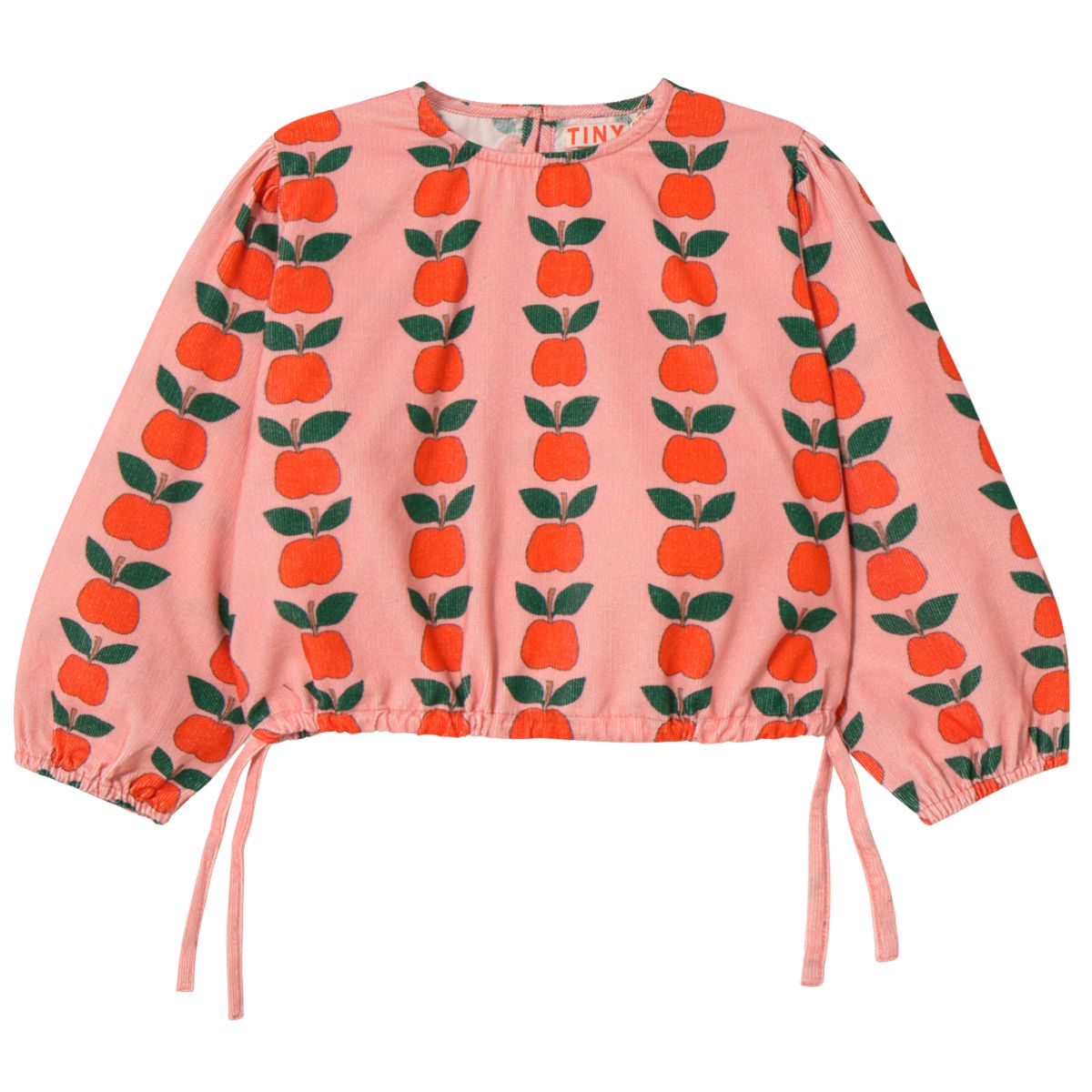 The Apples Blouse from Tiny Cottons. Pink blouse with apple pattern on a white background