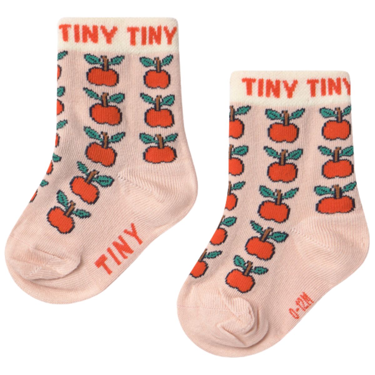 The Apples Medium Socks from Tiny Cottons. Pair of socks with apple pattern and 'TINY' text.
